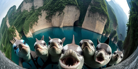 A Group Of Dolphin Taking Selfie Hyper Realistic Realism Style Generative Ai Digital Illustration Part#140423