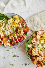 Closeup of healthy salad with vegetables and sauce