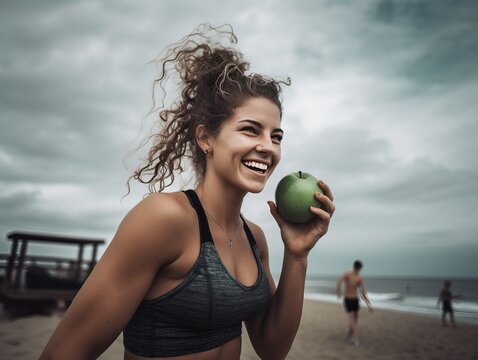 Sportliche Frau mit Apfel am Strand, generative AI.