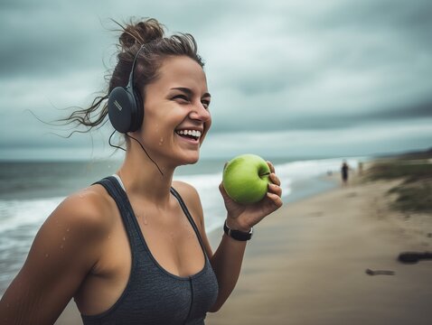 Sportliche Frau mit Apfel am Strand, generative AI.