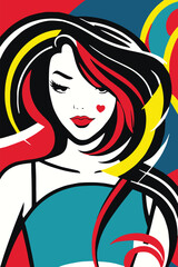 Colorful portrait lin retro, pop art style, glamour lady, fun and artistic design