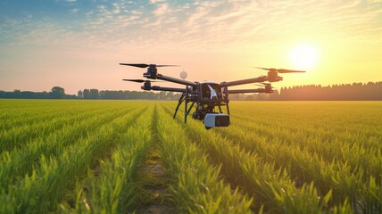 Fototapeta premium Using an agricultural drone, Smart Farm 4.0's Ai Generative idea fertilized the fields of green tea.