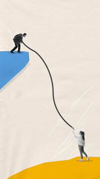 Contemporary art collage with boss, director giving a help hand to woman, worker symbolizing support, mutual understanding. Temporary difficulties
