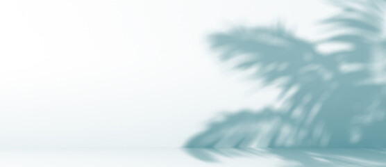 blurred shadow of palm leaves on a blue wall. Abstract minimal background for a product...