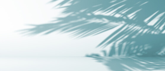 blurred shadow of palm leaves on a blue wall. Abstract minimal background for a product presentation. Summer and spring seasons - 592638684