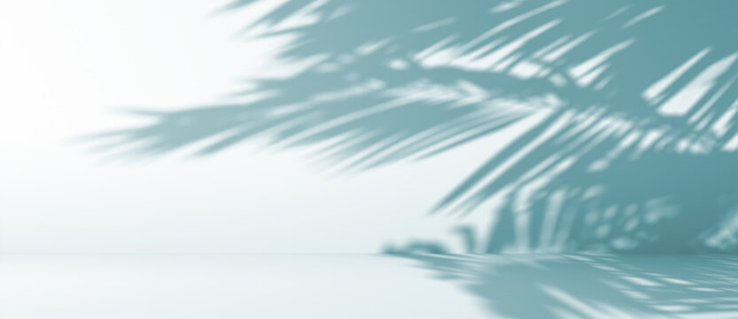 blurred shadow of palm leaves on a blue wall. Abstract minimal background for a product presentation. Summer and spring seasons
