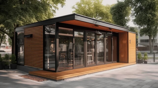 Eco Friendly Wooden Container Coffee Shop and Bakery: 7x4 Meters, Surrounded by Greenery in a Park Setting, Generative AI Illustration
