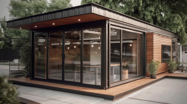 Eco Friendly Wooden Container Coffee Shop and Bakery: 7x4 Meters, Surrounded by Greenery in a Park Setting, Generative AI Illustration