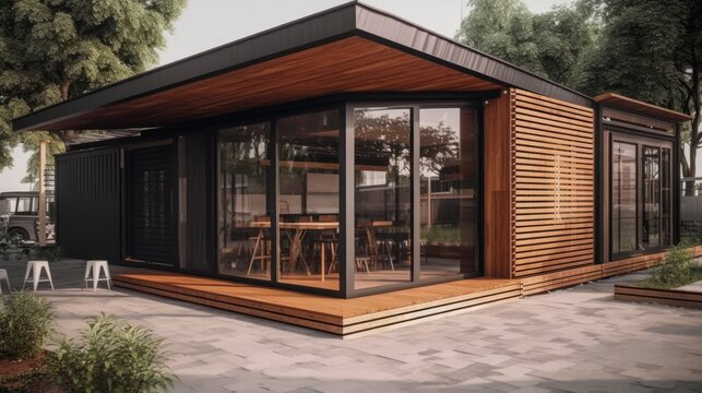 Eco Friendly Wooden Container Coffee Shop and Bakery: 7x4 Meters, Surrounded by Greenery in a Park Setting, Generative AI Illustration