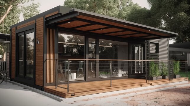 Eco Friendly Wooden Container Coffee Shop and Bakery: 7x4 Meters, Surrounded by Greenery in a Park Setting, Generative AI Illustration