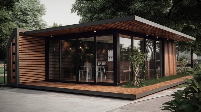 Eco Friendly Wooden Container Coffee Shop and Bakery: 7x4 Meters, Surrounded by Greenery in a Park Setting, Generative AI Illustration