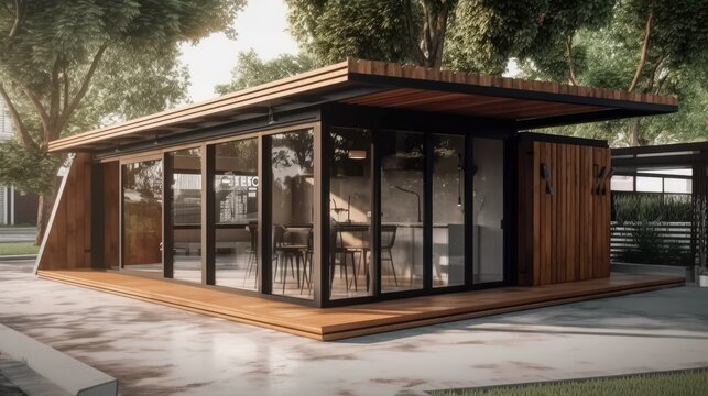 Eco Friendly Wooden Container Coffee Shop and Bakery: 7x4 Meters, Surrounded by Greenery in a Park Setting, Generative AI Illustration