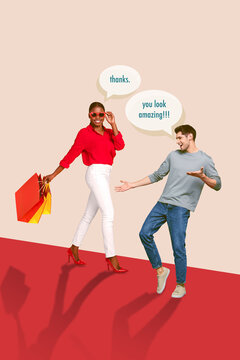 Photo collage artwork minimal picture of funny guy talking compliments walking lady isolated drawing background