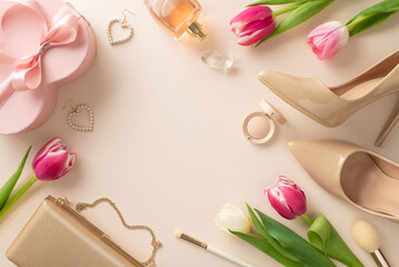 Elegant Mother's Day gift concept. Top view flat lay of high-heels, handbag, gift box, tulip flowers, lipstick, makeup brushes, and earrings on a pastel beige background with space for text or advert