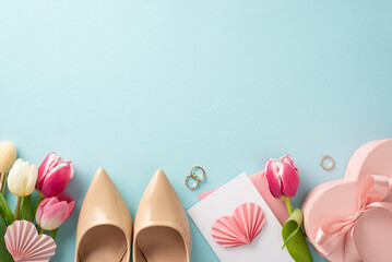 Stunning Mother's Day concept. Flat lay of high-heels, present box, tulips, postcard on pastel blue background with ample space for text or advert
