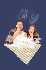 Vertical collage picture of two bored tired people yawning hold pop corn big book page piece isolated on dark blue background