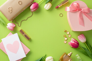 Classy Mother's Day concept. Top view flat lay of handbag, present box, tulips, lipstick, makeup brush, postcard and earrings on pastel green background with a space for text or advert
