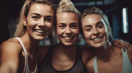 Fototapeta premium Three happy female friends enjoy laughing happily taking selfie in the gym. Generative AI