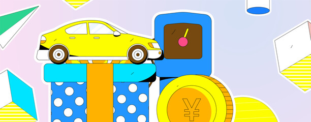 Vector internet operation hand-drawn illustration of people getting discounts for refueling the car
