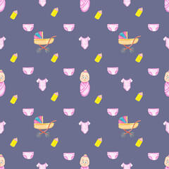 Watercolour pattern, girls' print, wrapping paper print, pram, newborn baby, milk bottle, nappies, baby clothes. gift for girls