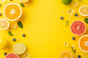 Sunny citrus concept. Top view of fresh and juicy oranges, lemons, limes, grapefruits, and mint leaves on a yellow background with an empty space for advertising