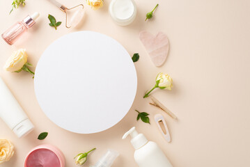 Naklejka na ściany i meble Create a chic and elegant branding campaign with this skin care top view flat lay, complete with pump bottles, a face roller, and an empty heart on a pastel beige backdrop