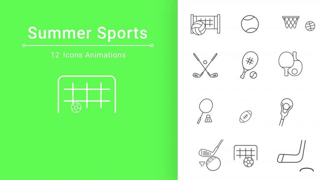Summer sports line animations. Summertime activities. Team and individual games. Seamless loop HD video with alpha channel on transparent background. Outline motion graphic animation