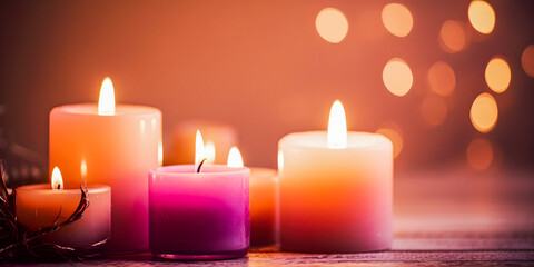 Fototapeta na wymiar Candles on a soft focus background with copy space, burning lights, spa atmosphere, template for presentation - generative AI