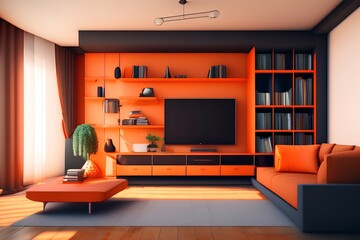 Modern minimalist living room in orange tones, wooden bookcase tv stand, windows with shutters, contemporary architecture interior design - generative ai
