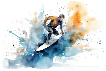 Fototapeta na wymiar Watercolor design of a male surfer catching a wave - Generative AI