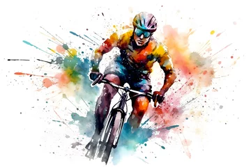 Zelfklevend Fotobehang Watercolor design of a downhill cyclist - Generative AI © HeGraDe