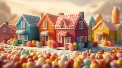 Candyland houses made from marshmallow and sweets. Al generated