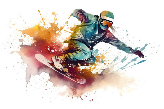 Watercolor design of a female snowboarder - Generative AI