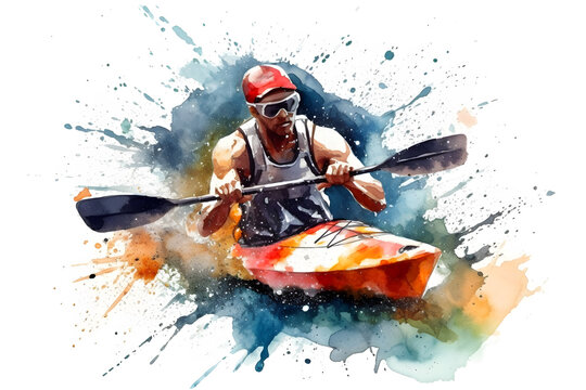 Watercolor design of a man doing extreme kayaking - Generative AI