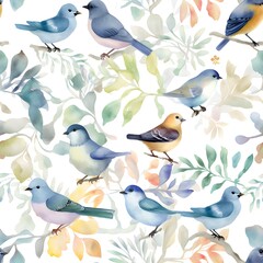 Watercolor seamless pattern showcasing enchanting birds on branches, surrounded by foliage and flowers in pastel tones, ideal for textiles and more
