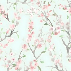 Obraz na płótnie Canvas Embrace the elegance of this watercolor cherry blossoms seamless pattern, featuring delicate pink flowers and green leaves on flowing branches. Perfect for wedding invitations and textiles.