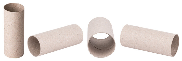 Set of empty used toilet paper rolls made of recycled paper or gray cardboard isolated on white...