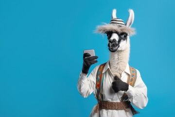 Llama With a phone on a blue background, Generative AI