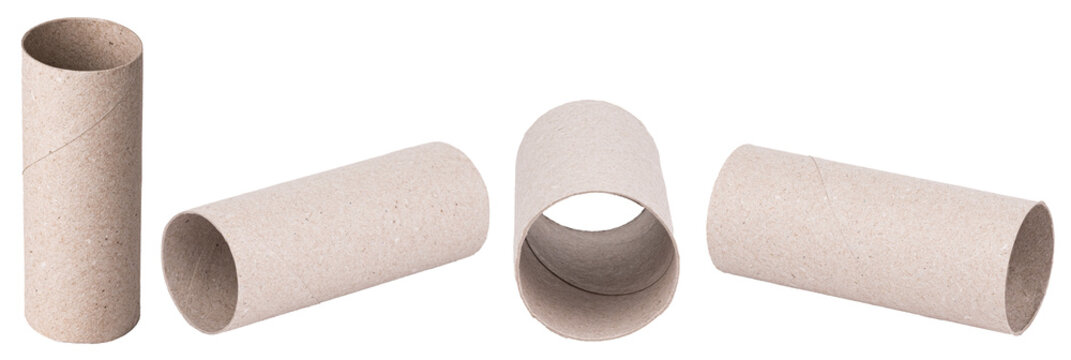 Set of empty used toilet paper rolls made of recycled paper or gray cardboard isolated on transparent background png design element