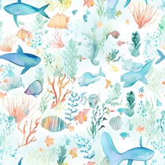Fototapeta na wymiar Explore the depths of the sea with this enchanting watercolor ocean life seamless pattern, displaying a vibrant array of fish, seashells, coral, and seaweed. Great for children's products and textiles
