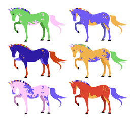 Collection of different color horses isolated on white background. Set of magnificent domestic horses. Colorful flat cartoon style illustration