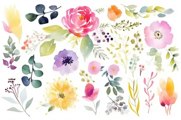 Deurstickers Watercolor floral bouquet with spring flowers with green blush leaves, for wedding invitations, greetings, wallpapers, fashion, prints. flowers. AI Generated © Annemarie
