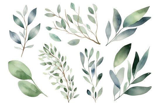 Watercolor floral bouquet branches with green blush leaves, for wedding invitations, greetings, wallpapers, fashion, prints. Eucalyptus, olive green leaves.
