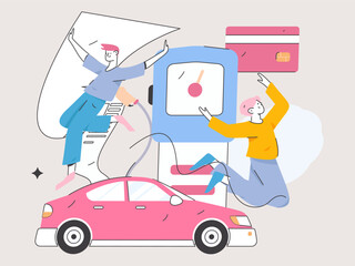 Vector internet operation hand-drawn illustration of people getting discounts for refueling the car
