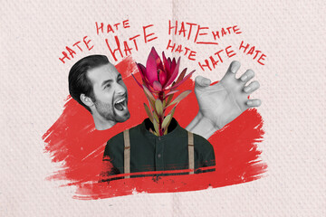 Photo collage young screaming guy suffer hate humiliation discrimination evil society creative...