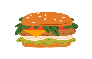Burger, fast food with meat cutlet, vegetables filling between buns. American snack, hamburger sandwich with cheese, lettuce, beef, onion. Flat vector illustration isolated on white background