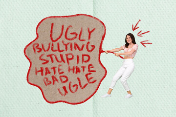 Photo collage young lady suffer hate pull big mind cloud humiliation opinion ugly stupid bad...