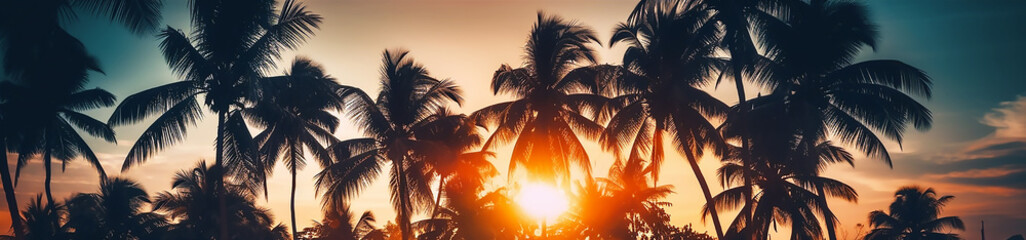 Fototapeta na wymiar Tropical Palm Trees Silhouette at Sunset ,Vintage Tone, generative ai tools 