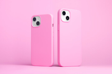 set of two iPhone 15 and 14 Plus or iPhone 13 and 13 mini in pink cases back side view isolated on...