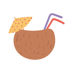 Tropical cocktail in a coconut hand drawn illustration. Cartoon style flat design, isolated vector. Exotic summer drink, seasonal print, menu element, holidays, vacations, beach, pool party